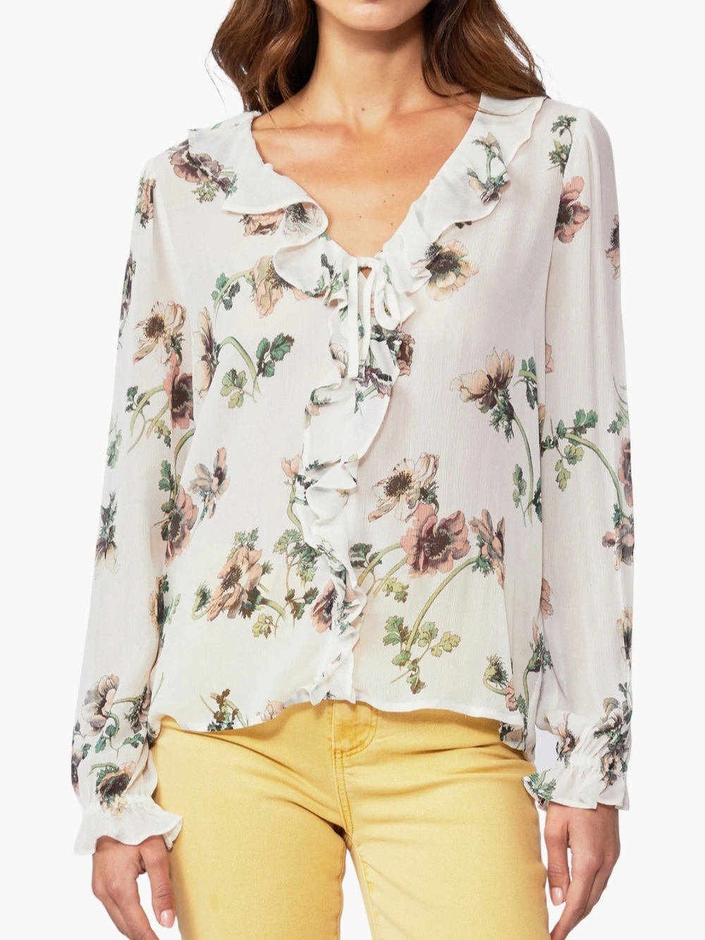 PAIGE Cream Floral Ruffle V-Neck Blouse
